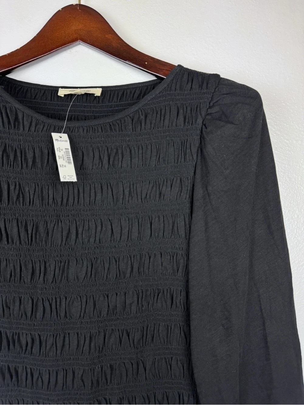 Madewell Smocked Cotton Boatneck Puff Sleeves Slim Fit Top Black Size XS NWT